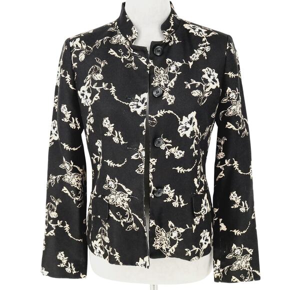 Charter Club Jacket Petites 6P Silk Black Ivory Floral Lined Blazer Vintage - Picture 1 of 13